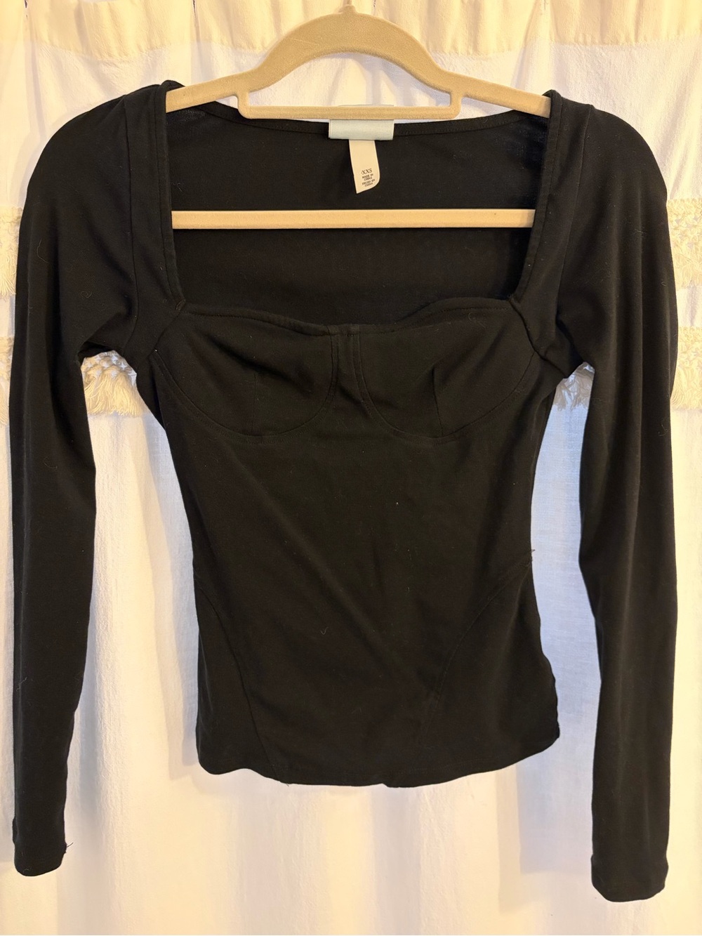 Black Long-Sleeve Square-Neck Fitted Tee
